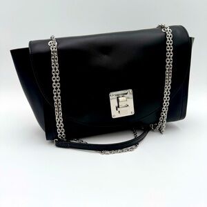 Coccinelle Italian Leather Chain Strap Crossbody Purse Shoulder Bag Black Silver